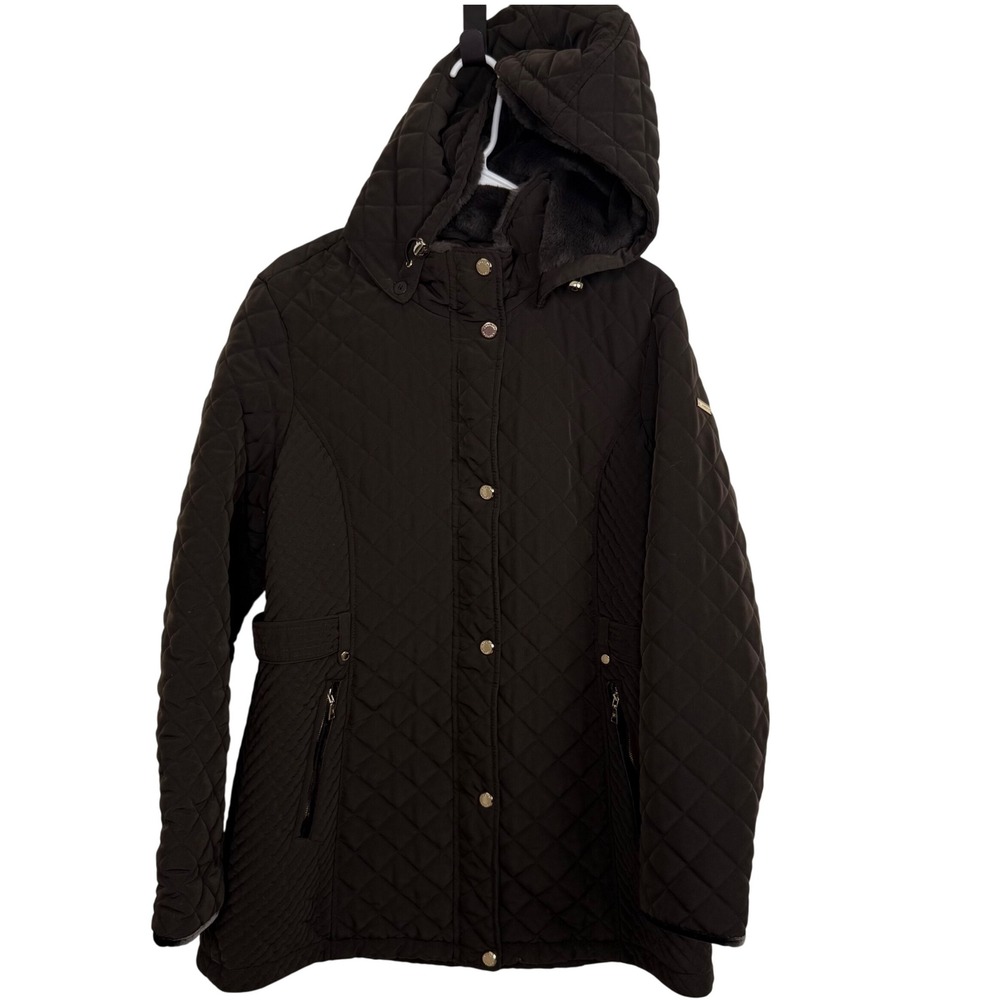 Laundry By Shelli Segal Brown Gold Quilted Hooded Faux Fur Lined Winter Coat XL
